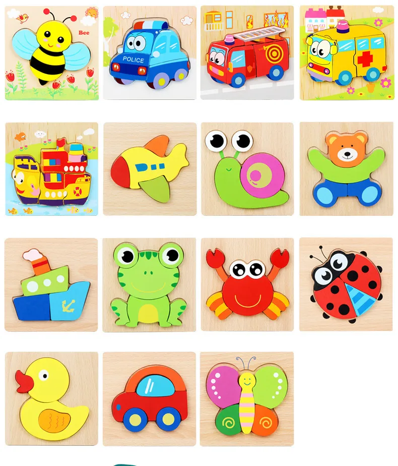 High Quality 3D Wooden Puzzle Baby Cartoon Animal Traffic Jigsaw  Early Learning Cognition Game Puzzle Toys for Children
