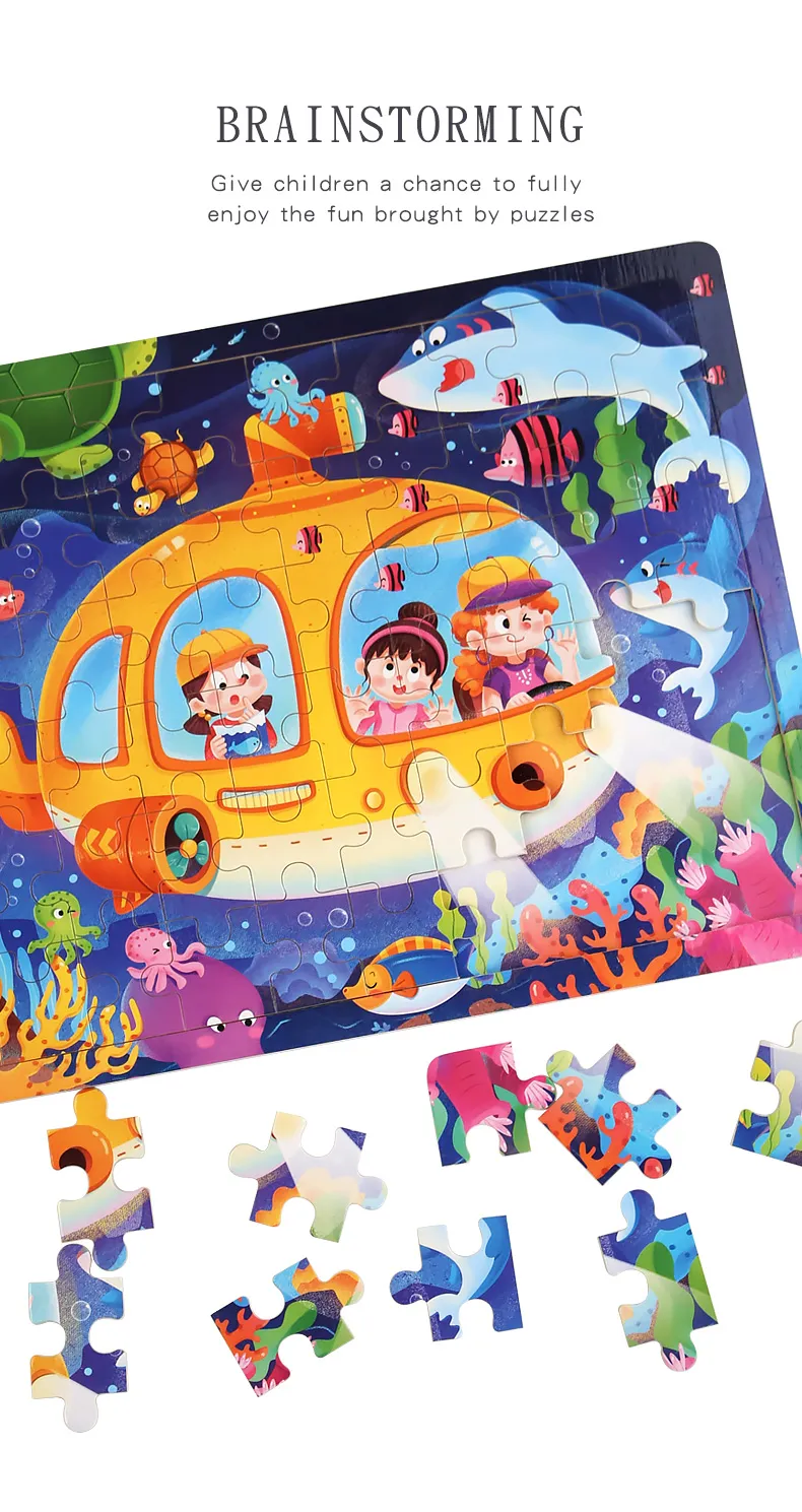 60PCS Wooden Jigsaw Color 3D Puzzle Cartoon Characters Animal Early Educational Learning Logical Thinking Focus Puzzle Toys Gift