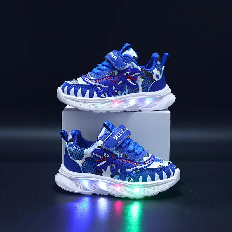 Spring New Children's Sports Shoes Cartoon Dinosaur Children's LED Light Shoes Soft Sole Boys' Causal Sneakers 2-6 Years Old