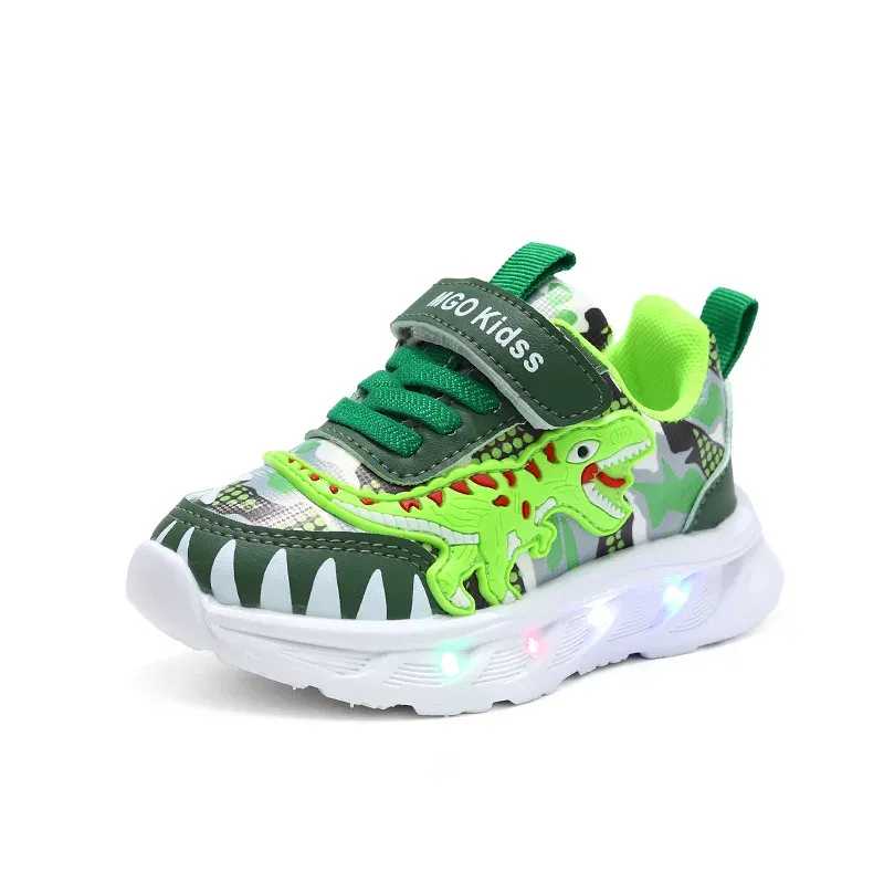 Spring New Children's Sports Shoes Cartoon Dinosaur Children's LED Light Shoes Soft Sole Boys' Causal Sneakers 2-6 Years Old