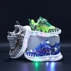 Spring New Children's Sports Shoes Cartoon Dinosaur Children's LED Light Shoes Soft Sole Boys' Causal Sneakers 2-6 Years Old