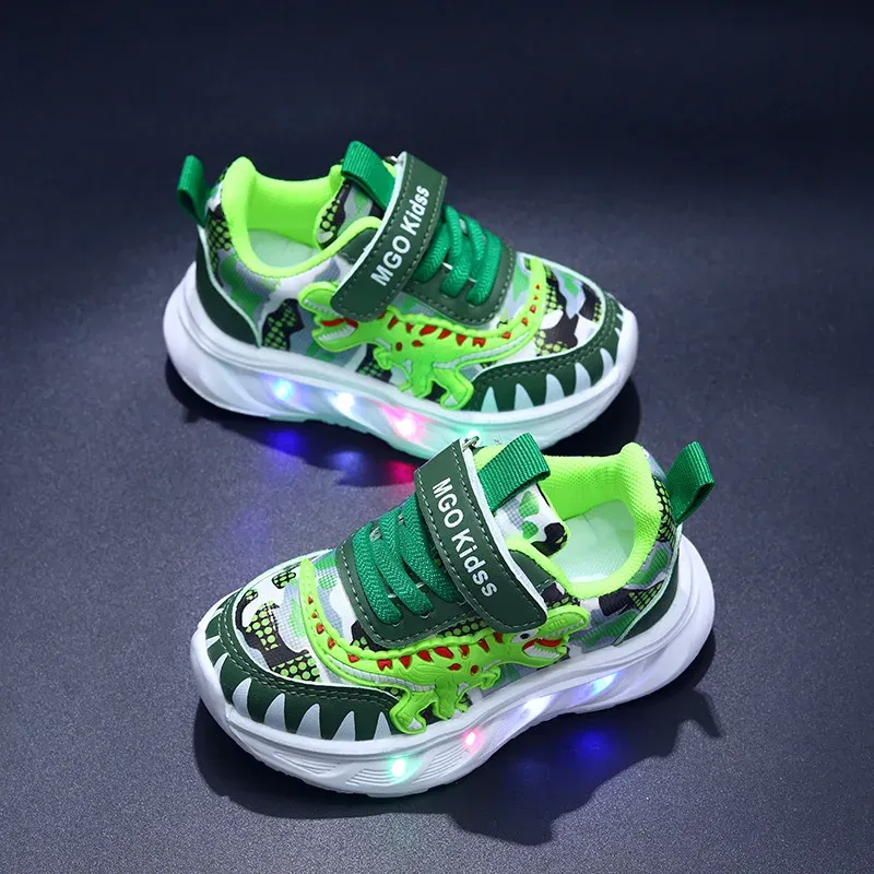 Spring New Children's Sports Shoes Cartoon Dinosaur Children's LED Light Shoes Soft Sole Boys' Causal Sneakers 2-6 Years Old