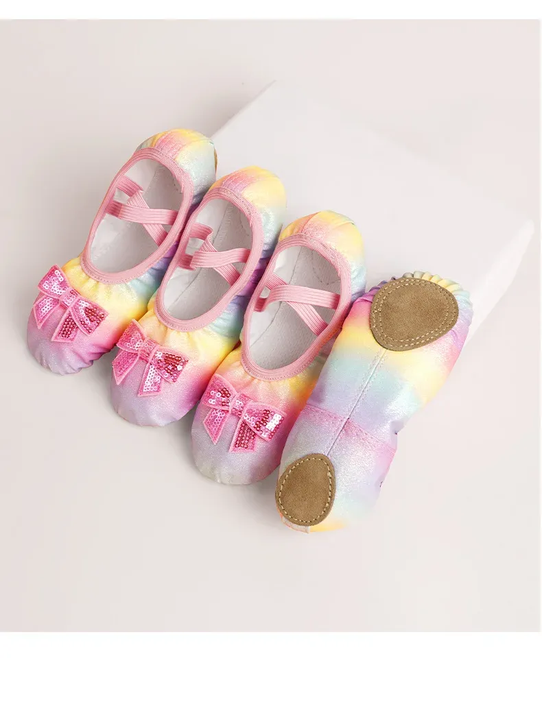 Children's Dance Shoes Girls Ballet Flats Shoes Rainbow Bow Sequins Leather Soft Soled Dance Performance Skate Sport Yoga Shoes