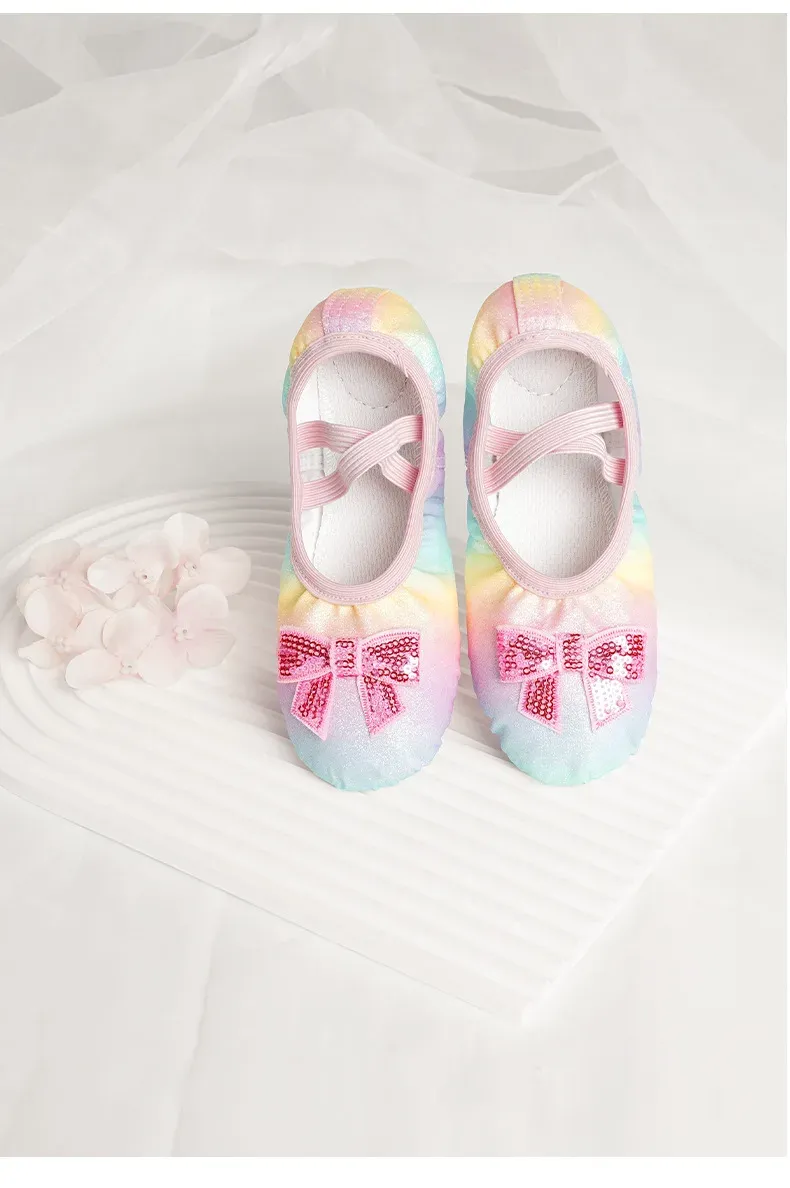 Children's Dance Shoes Girls Ballet Flats Shoes Rainbow Bow Sequins Leather Soft Soled Dance Performance Skate Sport Yoga Shoes