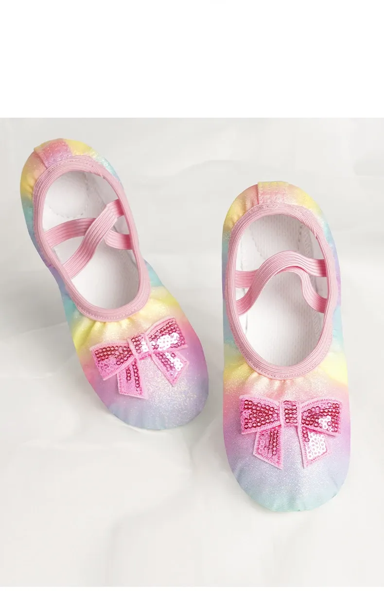 Children's Dance Shoes Girls Ballet Flats Shoes Rainbow Bow Sequins Leather Soft Soled Dance Performance Skate Sport Yoga Shoes
