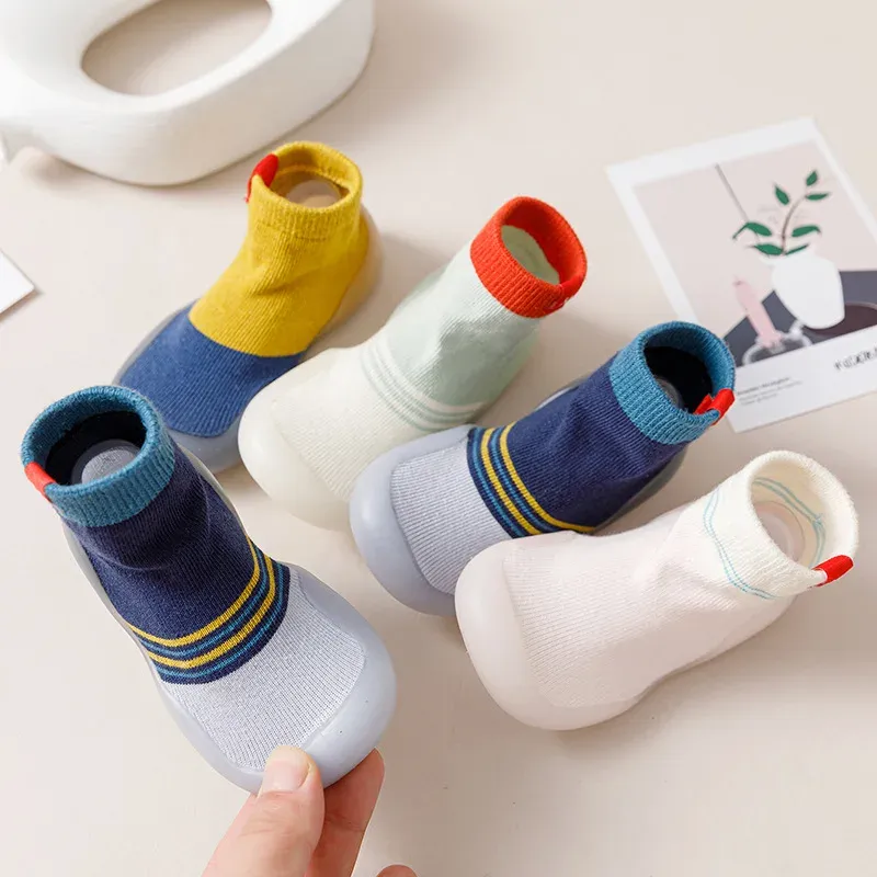 New children's indoor soft-sole striped socks shoes cute breathable stitching embroidered spring and autumn baby toddler shoes