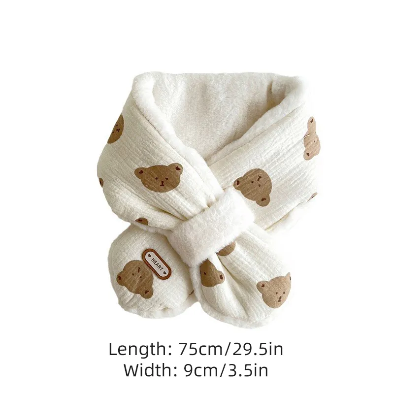 Korean Bear Print Baby Scarf Winter Plush Cross Scarves For Kids Boys Girls Warm Neckerchief