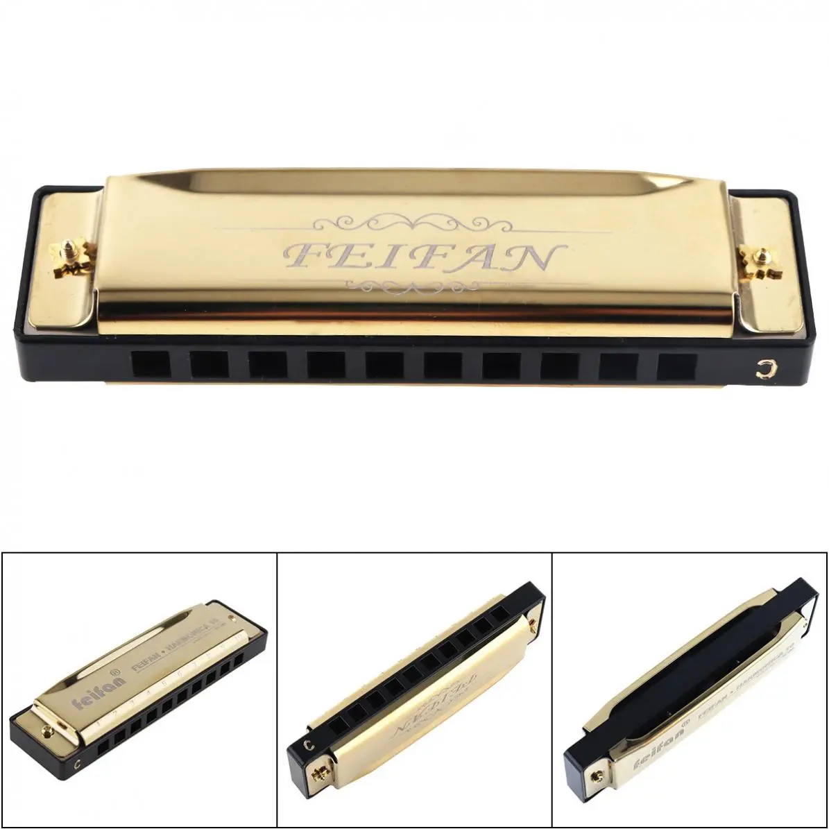 10 Holes 20 ToneC Matte Gold / Black Harmonica Blues Harp Mouth Organ Stainless Steel Musical Instrument for Beginner