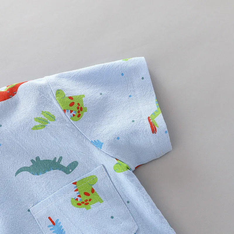 Infants and Toddlers Covered in Printed Cartoon Dinosaur Stand-up Collar Shirt Short Sleeve 2 Piece Set