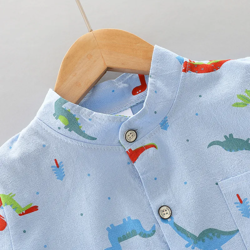 Infants and Toddlers Covered in Printed Cartoon Dinosaur Stand-up Collar Shirt Short Sleeve 2 Piece Set