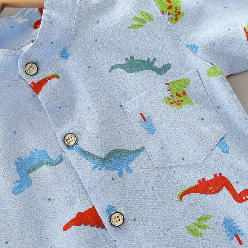 Infants and Toddlers Covered in Printed Cartoon Dinosaur Stand-up Collar Shirt Short Sleeve 2 Piece Set