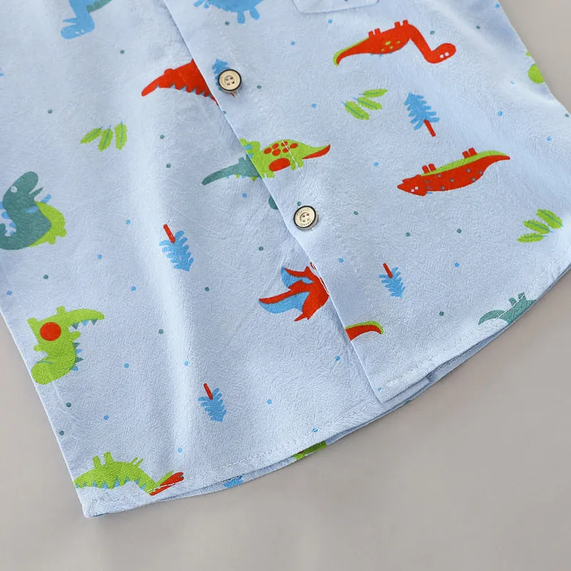 Infants and Toddlers Covered in Printed Cartoon Dinosaur Stand-up Collar Shirt Short Sleeve 2 Piece Set
