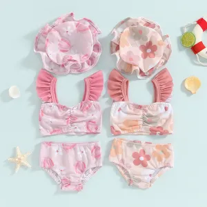 0-4Y Toddler Girls Swimsuits Floral Print Fly Sleeve Bathing Suits with Cap Kids Swimwear Baby Bikini Sets Kids Beachwear