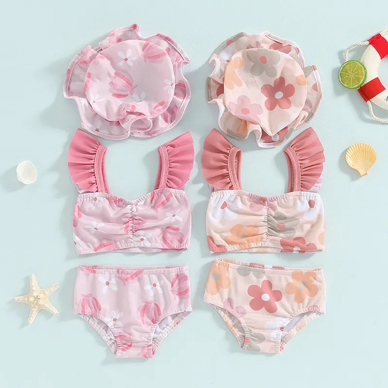 Toddler Girls Swimsuit Floral Bathing Suit with Cap