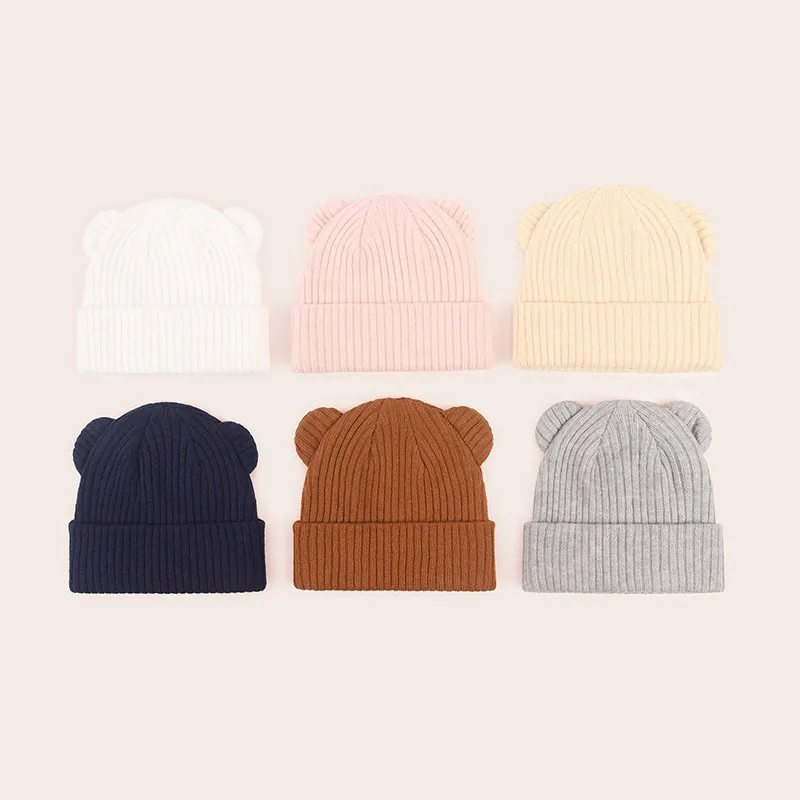 0-2year Baby Knitted Hat Kids Solid Color Woolen Pullover Cap Boys Girls Infant Winter Warm Beanies Basic Toddler Crochet Bonnet