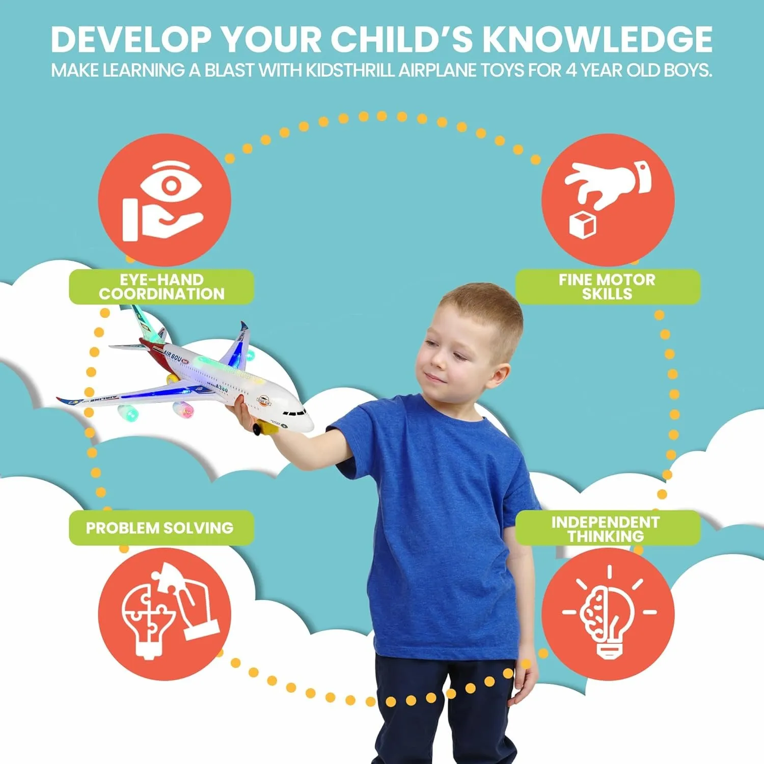 Electronic Airplane Toy with Automatic Rotation Go, Flashing Lights & Music Sounds - Aircraft Gift for Boys & Girls Age 3-12