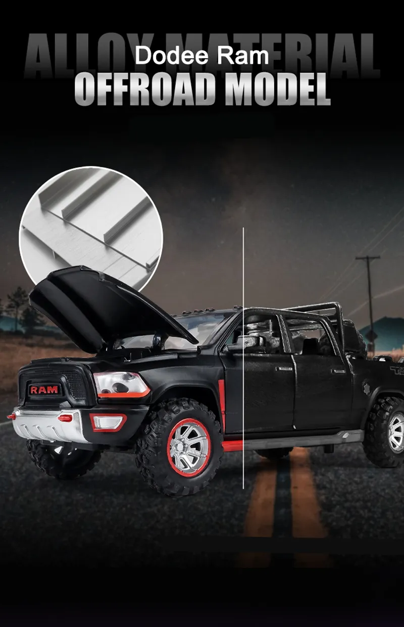1:32 Dodge RAM TRX Pickup Alloy Car Model Diecasts Toy Off-road Vehicles Car Model Sound and Light Simulation Childrens Toy Gift