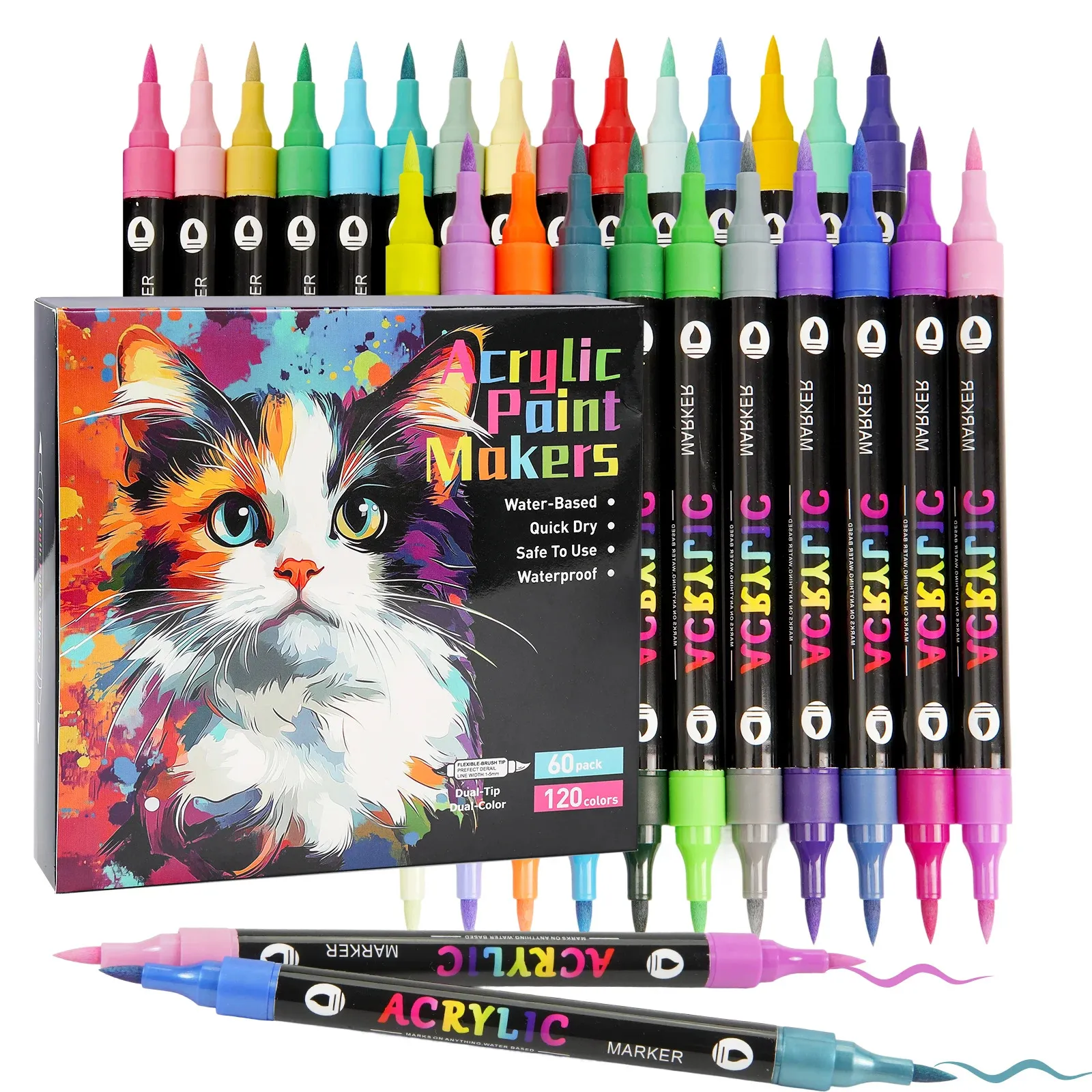 120 Colors Acrylic Paint Markers Set – 60 Pack Dual-Tip Pens for Rock Painting, Crafts & Artwork – Vivid, Quick-Dry Pigments