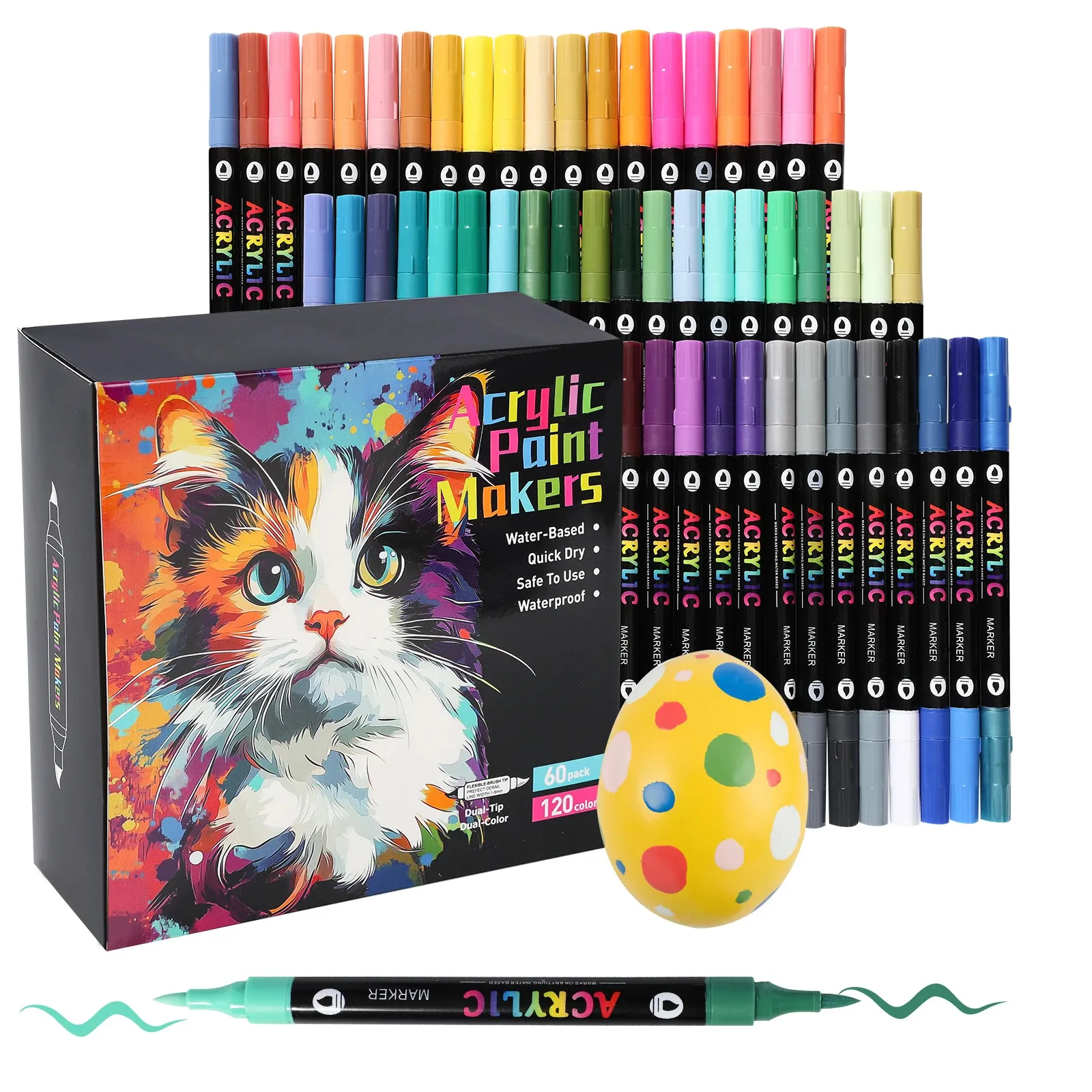 120 Colors Acrylic Paint Markers Set – 60 Pack Dual-Tip Pens for Rock Painting, Crafts & Artwork – Vivid, Quick-Dry Pigments