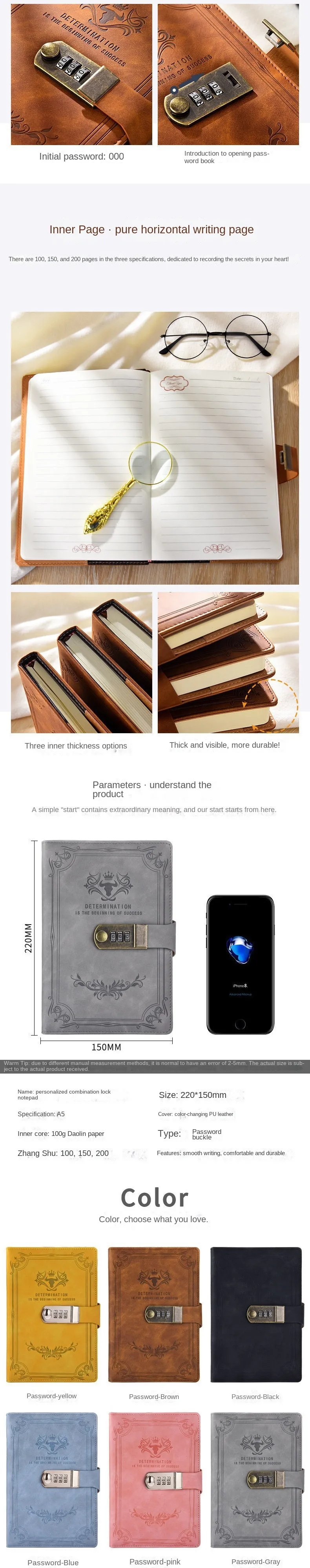 A5 200 Pages Retro Password Book with Lock Diary Thickened Creative Hand Ledger Student Notepad Stationery Notebook Binder