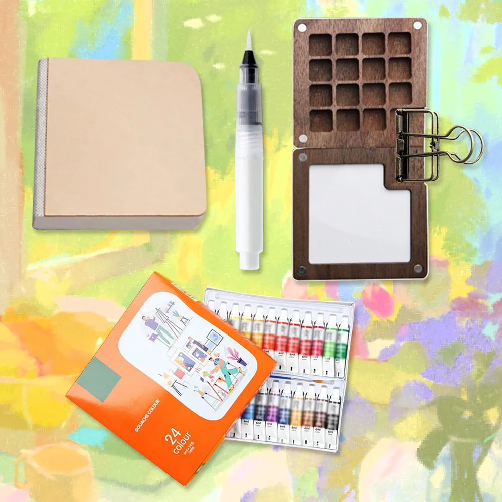 Portable Travel Watercolor Set Schmincke Watercolor 12/24 Colors Mini Walnut Paint Box Sketchbook Student Outing Art Supplies