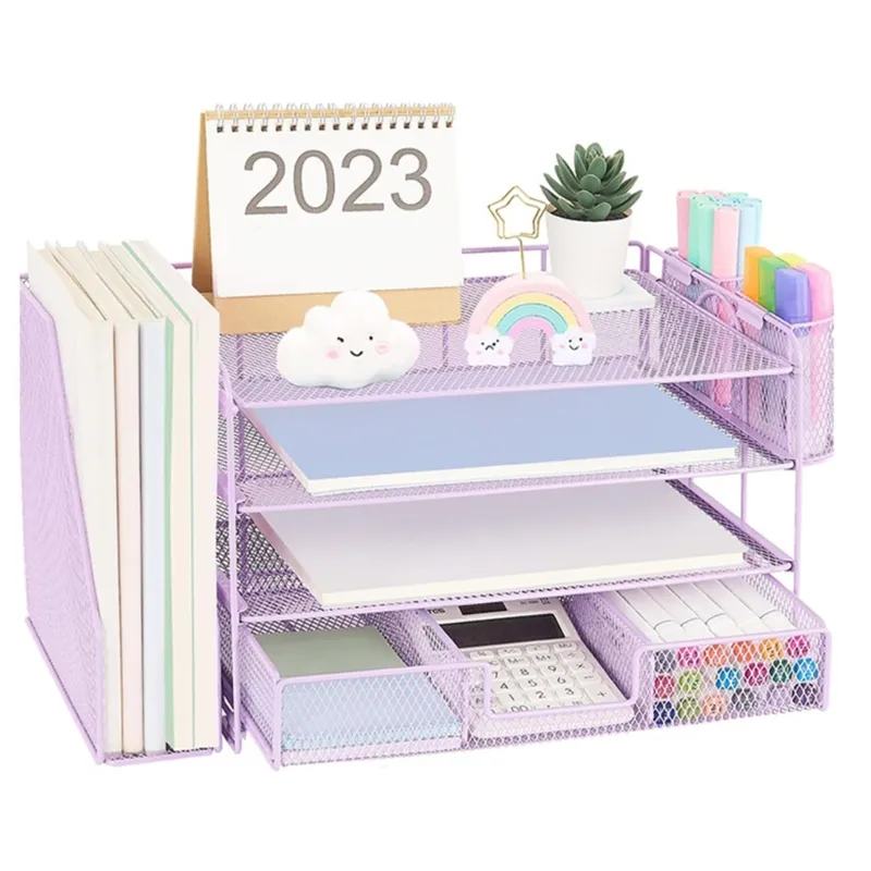 Desk File Tray Metal 4-Tiered with Magazine Rack Drawer 2 Pen Cups Space Saving for File Document Office Desk Organizers