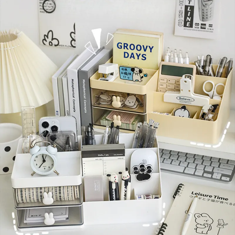 Desktop Transparent Cosmetics Storage Box Desktop Organizer with Drawers Pen Holder Stationary Storage Rack for Office Desks