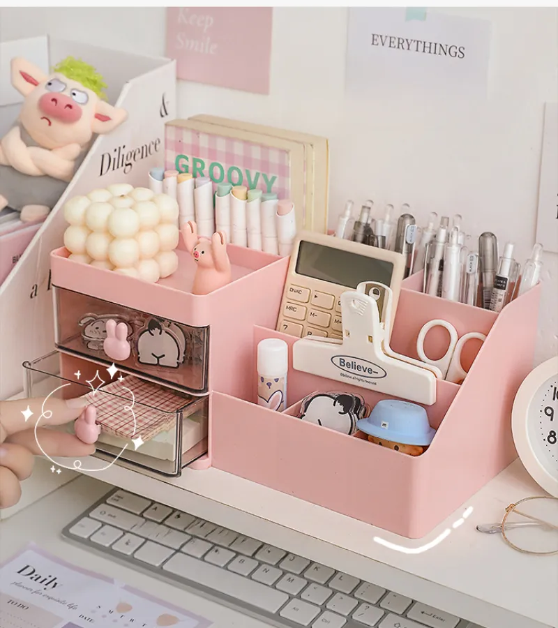 Desktop Transparent Cosmetics Storage Box Desktop Organizer with Drawers Pen Holder Stationary Storage Rack for Office Desks