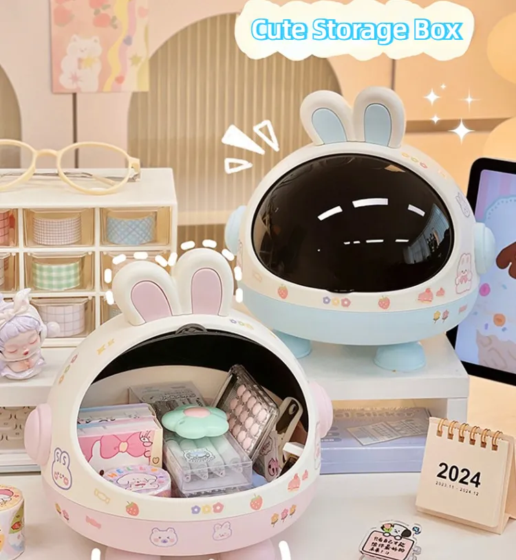 Desktop Rabbit Storage Box Desk Organizer Bin Cute Student Girls Hair Accessories Stationary Storage Kawaii Korean Storage Rack