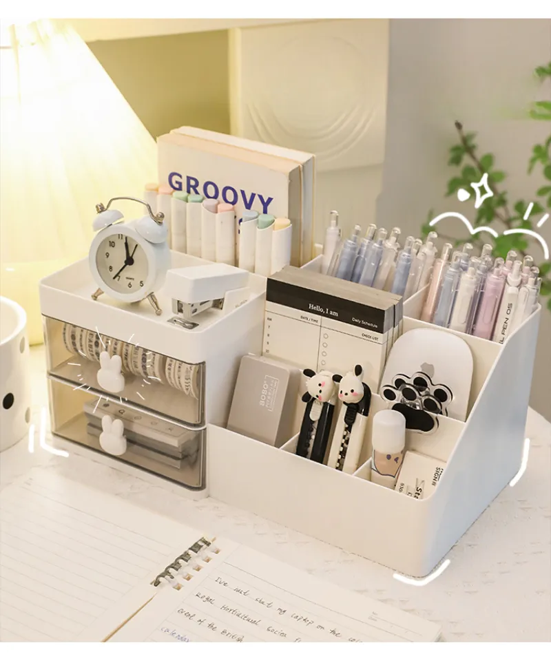 Desktop Transparent Cosmetics Storage Box Desktop Organizer with Drawers Pen Holder Stationary Storage Rack for Office Desks