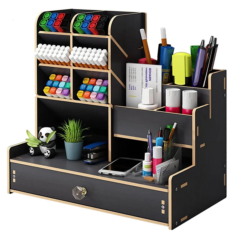 Wooden Desk Organiser DIY Desktop Tidy Pen Holder Large Capacity Stationery Storage Box with Drawer for Home Office and School