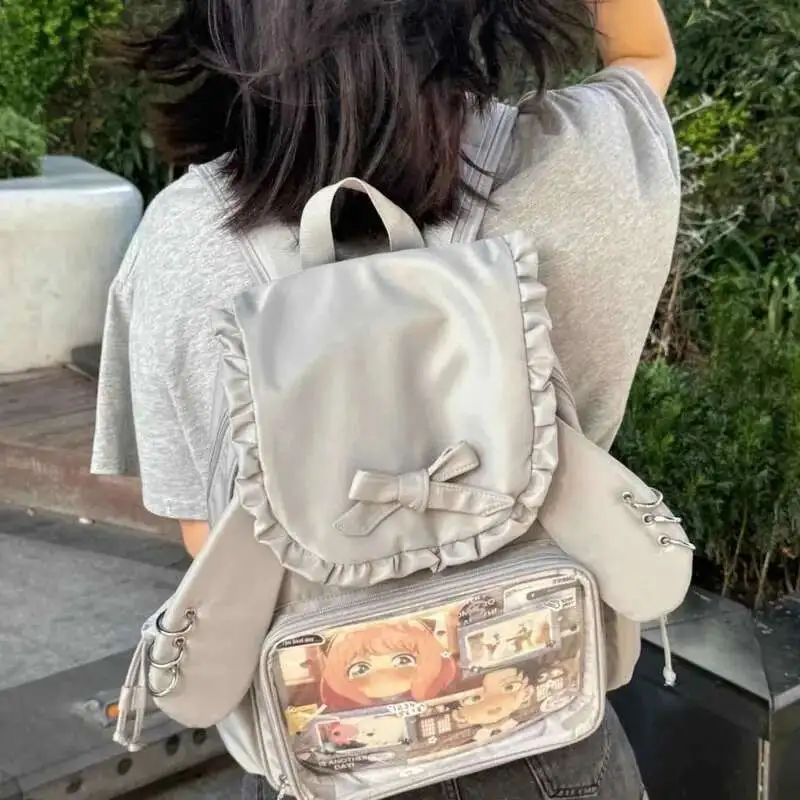 Y2k Bow Rabbit Ear Japanese Ita Backpack Lolita Girl's Transparent Bag Cute High Capacity Rucksack Preppy Style Ruffled Knapsack
