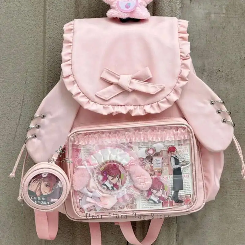 Y2k Bow Rabbit Ear Japanese Ita Backpack Lolita Girl's Transparent Bag Cute High Capacity Rucksack Preppy Style Ruffled Knapsack