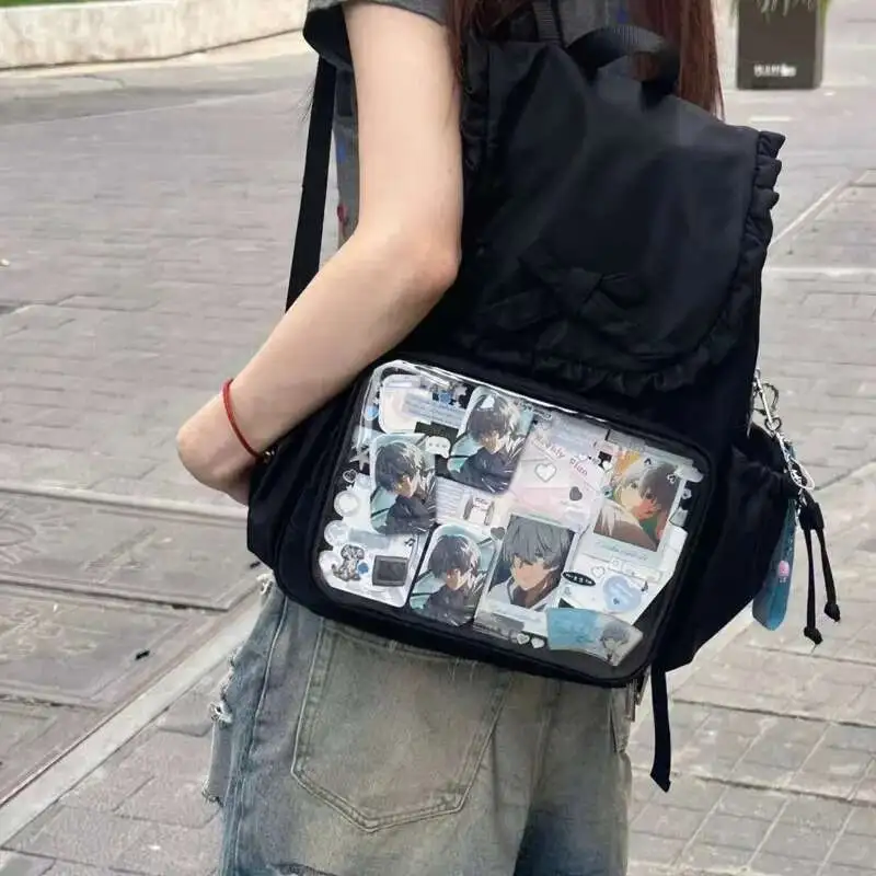 Y2k Bow Rabbit Ear Japanese Ita Backpack Lolita Girl's Transparent Bag Cute High Capacity Rucksack Preppy Style Ruffled Knapsack