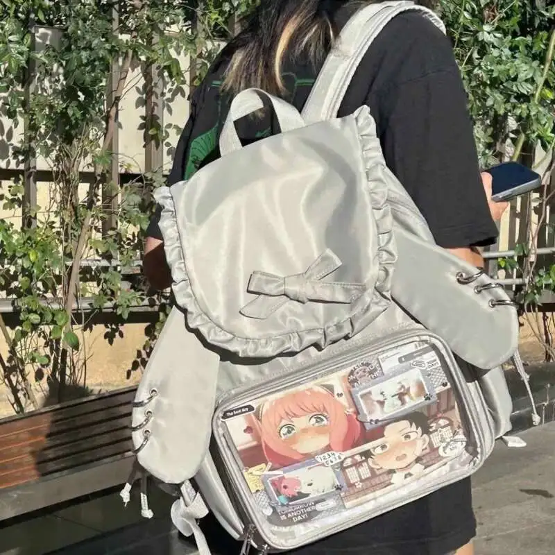 Y2k Bow Rabbit Ear Japanese Ita Backpack Lolita Girl's Transparent Bag Cute High Capacity Rucksack Preppy Style Ruffled Knapsack