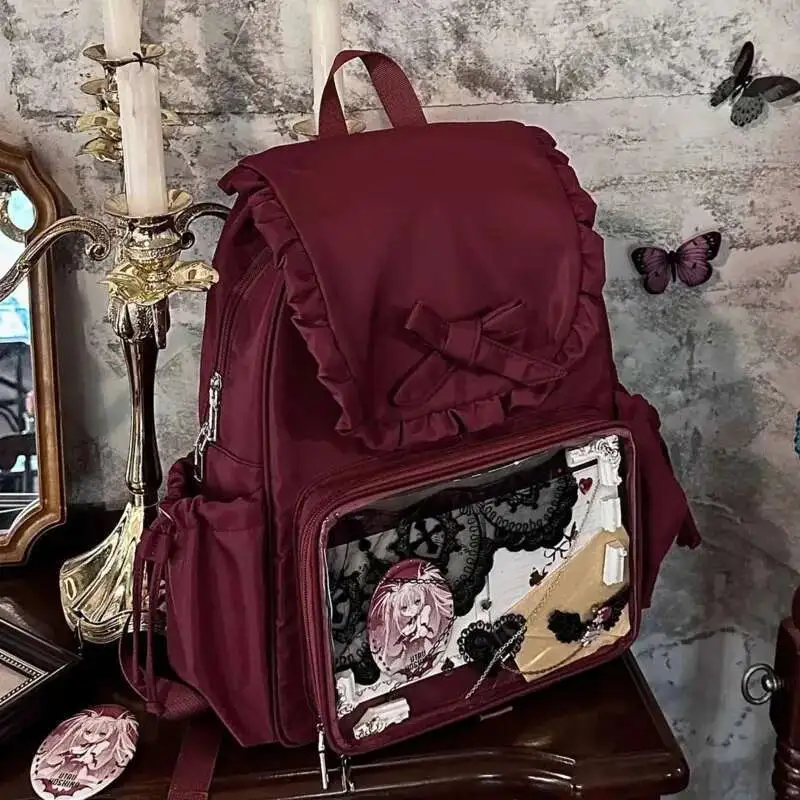 Y2k Bow Rabbit Ear Japanese Ita Backpack Lolita Girl's Transparent Bag Cute High Capacity Rucksack Preppy Style Ruffled Knapsack