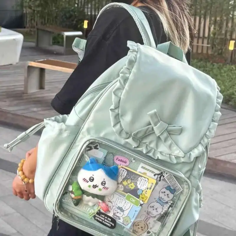 Y2k Bow Rabbit Ear Japanese Ita Backpack Lolita Girl's Transparent Bag Cute High Capacity Rucksack Preppy Style Ruffled Knapsack