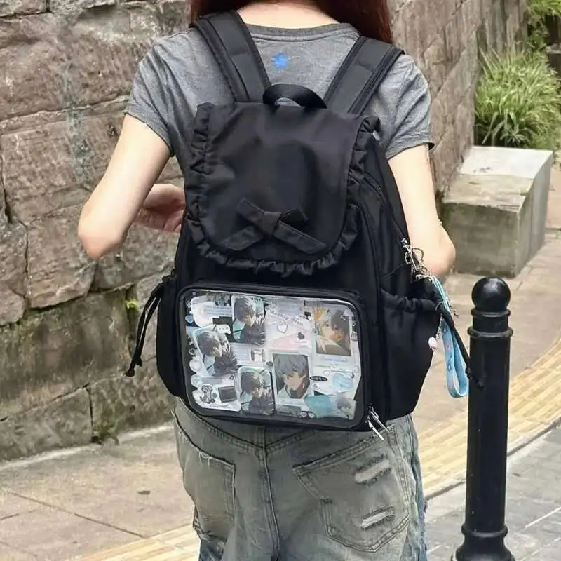 Y2k Bow Rabbit Ear Japanese Ita Backpack Lolita Girl's Transparent Bag Cute High Capacity Rucksack Preppy Style Ruffled Knapsack