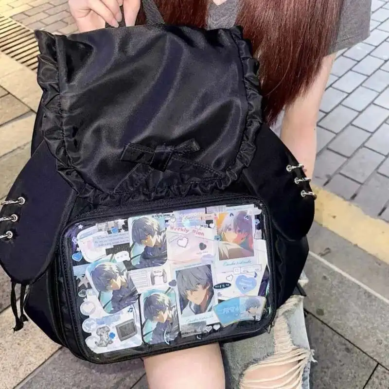 Y2k Bow Rabbit Ear Japanese Ita Backpack Lolita Girl's Transparent Bag Cute High Capacity Rucksack Preppy Style Ruffled Knapsack