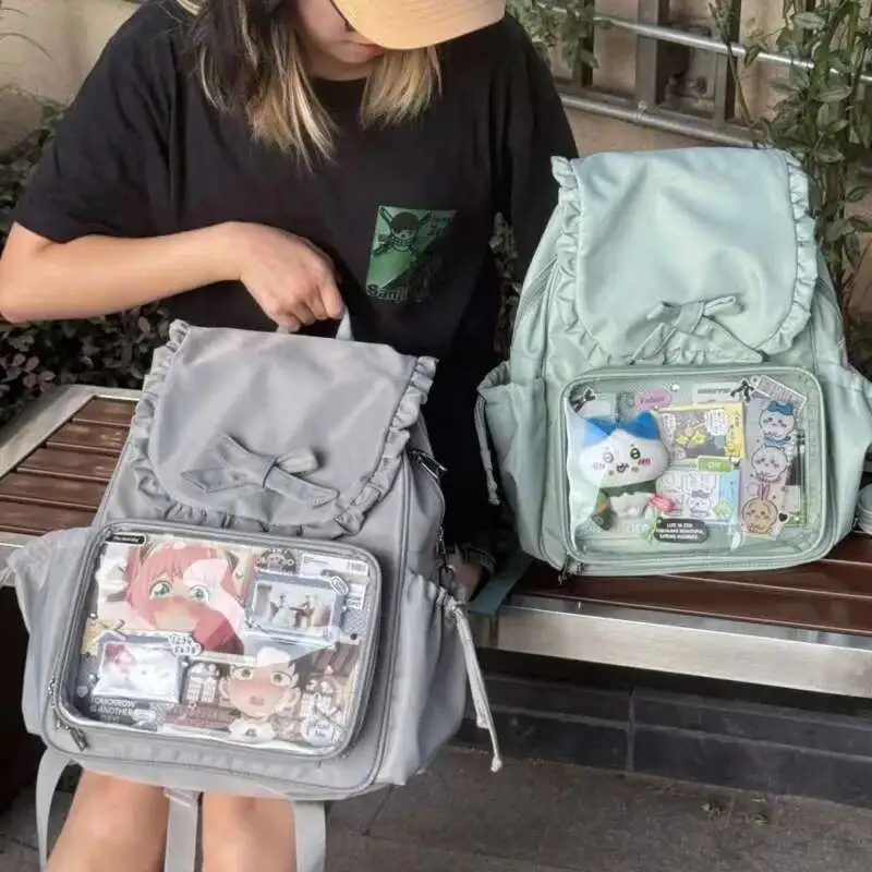 Y2k Bow Rabbit Ear Japanese Ita Backpack Lolita Girl's Transparent Bag Cute High Capacity Rucksack Preppy Style Ruffled Knapsack