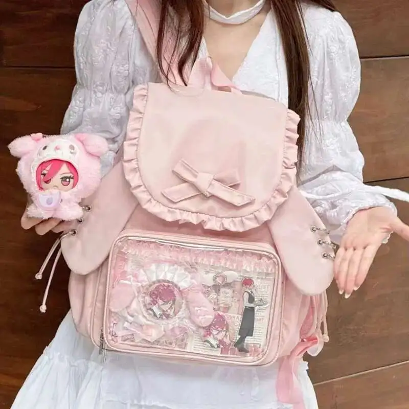 Y2k Bow Rabbit Ear Japanese Ita Backpack Lolita Girl's Transparent Bag Cute High Capacity Rucksack Preppy Style Ruffled Knapsack