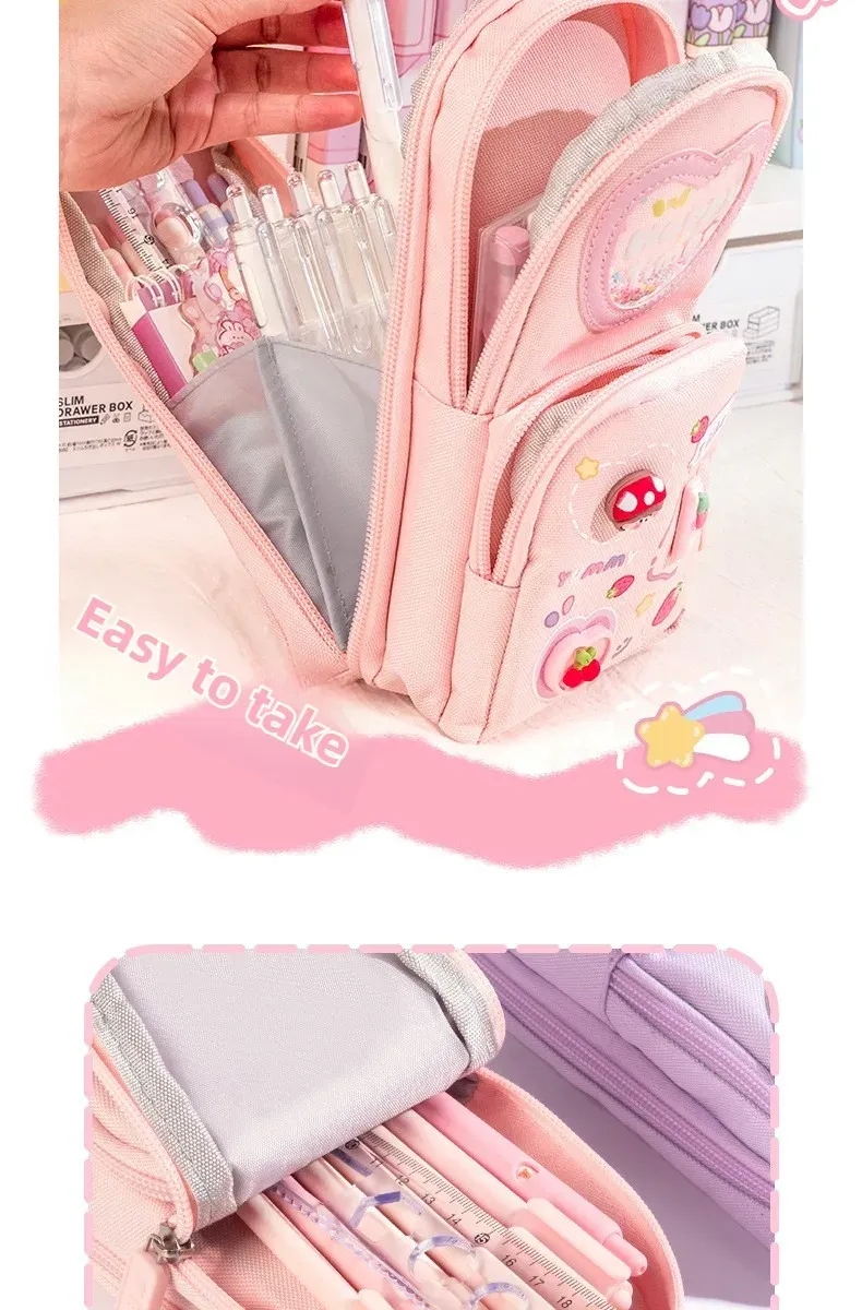 Handheld Backpack Pencil Case Cute Cartoon Dirt Resistant Canvas Three-layer Large Capacity Stationery Bag Storage Bag