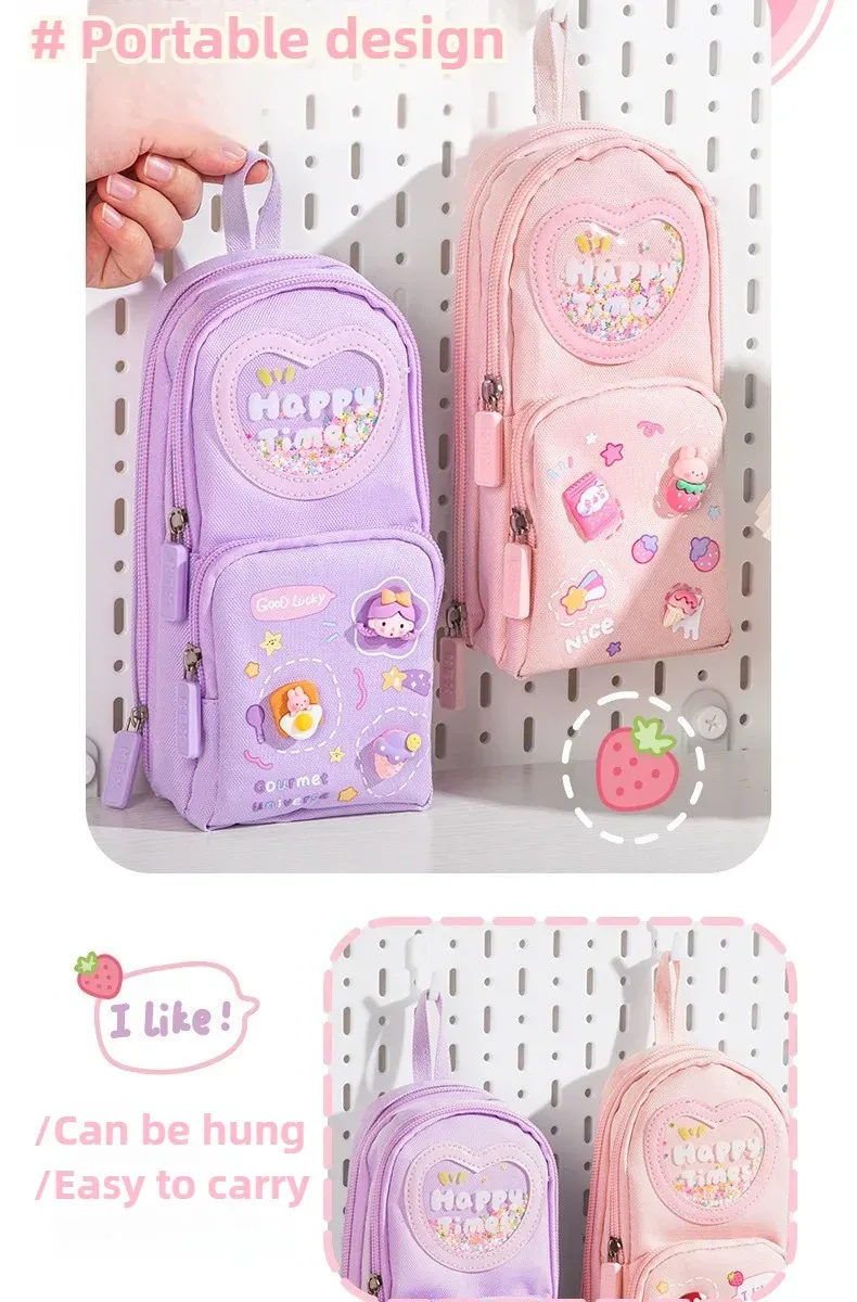 Handheld Backpack Pencil Case Cute Cartoon Dirt Resistant Canvas Three-layer Large Capacity Stationery Bag Storage Bag