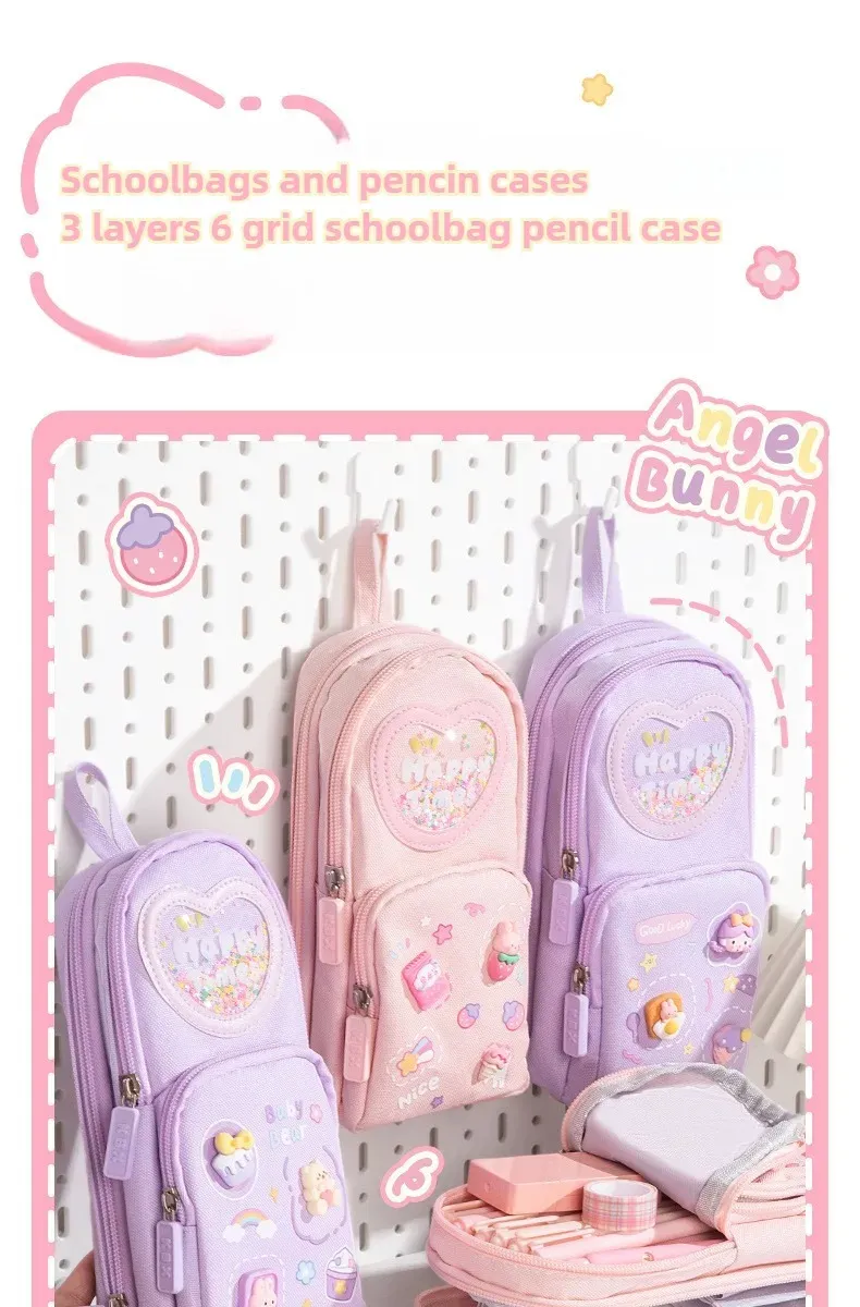 Handheld Backpack Pencil Case Cute Cartoon Dirt Resistant Canvas Three-layer Large Capacity Stationery Bag Storage Bag