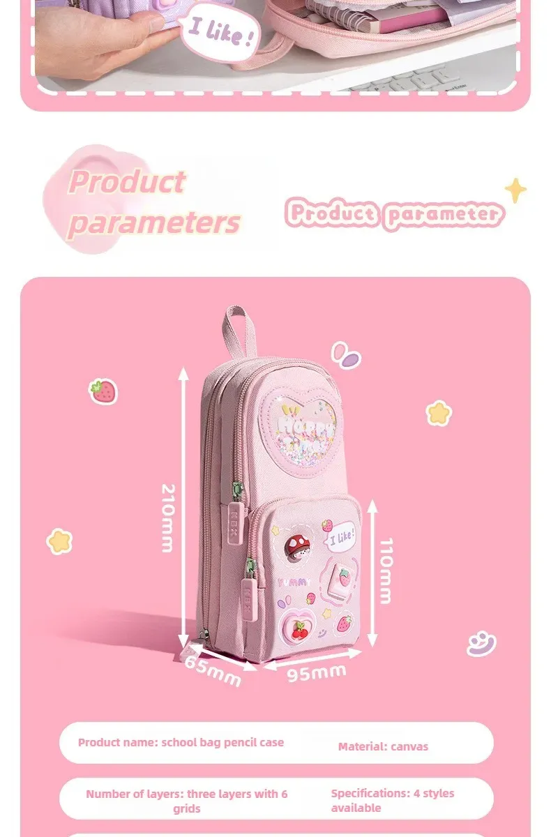 Handheld Backpack Pencil Case Cute Cartoon Dirt Resistant Canvas Three-layer Large Capacity Stationery Bag Storage Bag