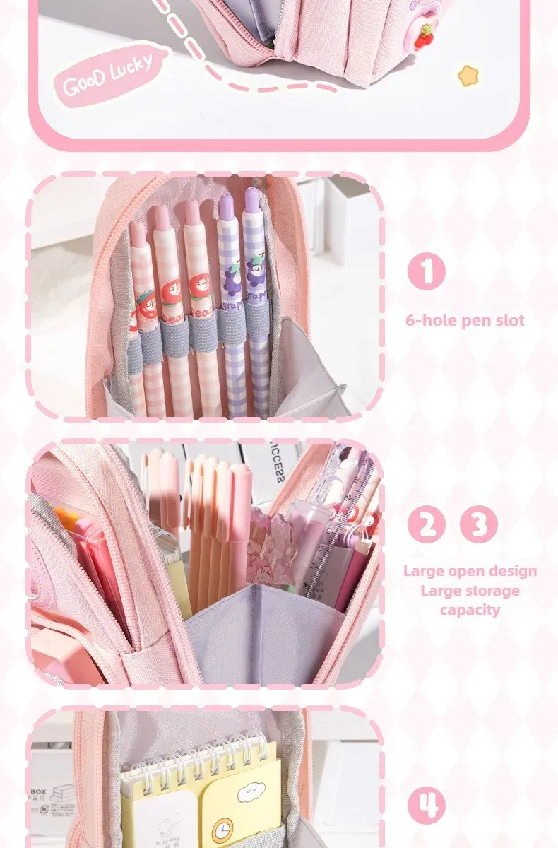 Handheld Backpack Pencil Case Cute Cartoon Dirt Resistant Canvas Three-layer Large Capacity Stationery Bag Storage Bag