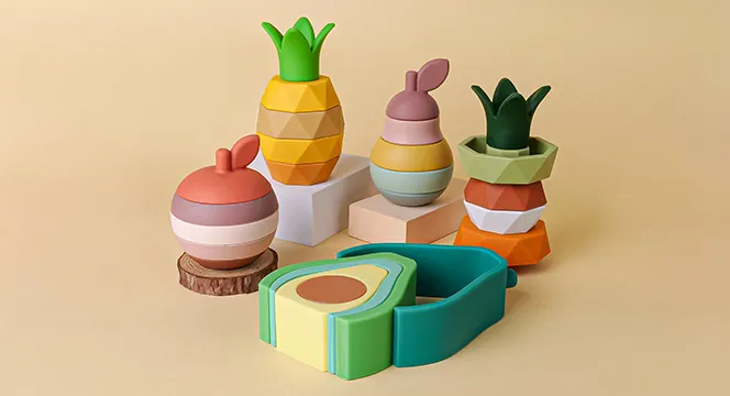 1Set Soft Building Blocks Silicone Stacking Blocks Baby Toys Apple Pineapple Avocado Pear Silicone Building Toys Montessori Toys