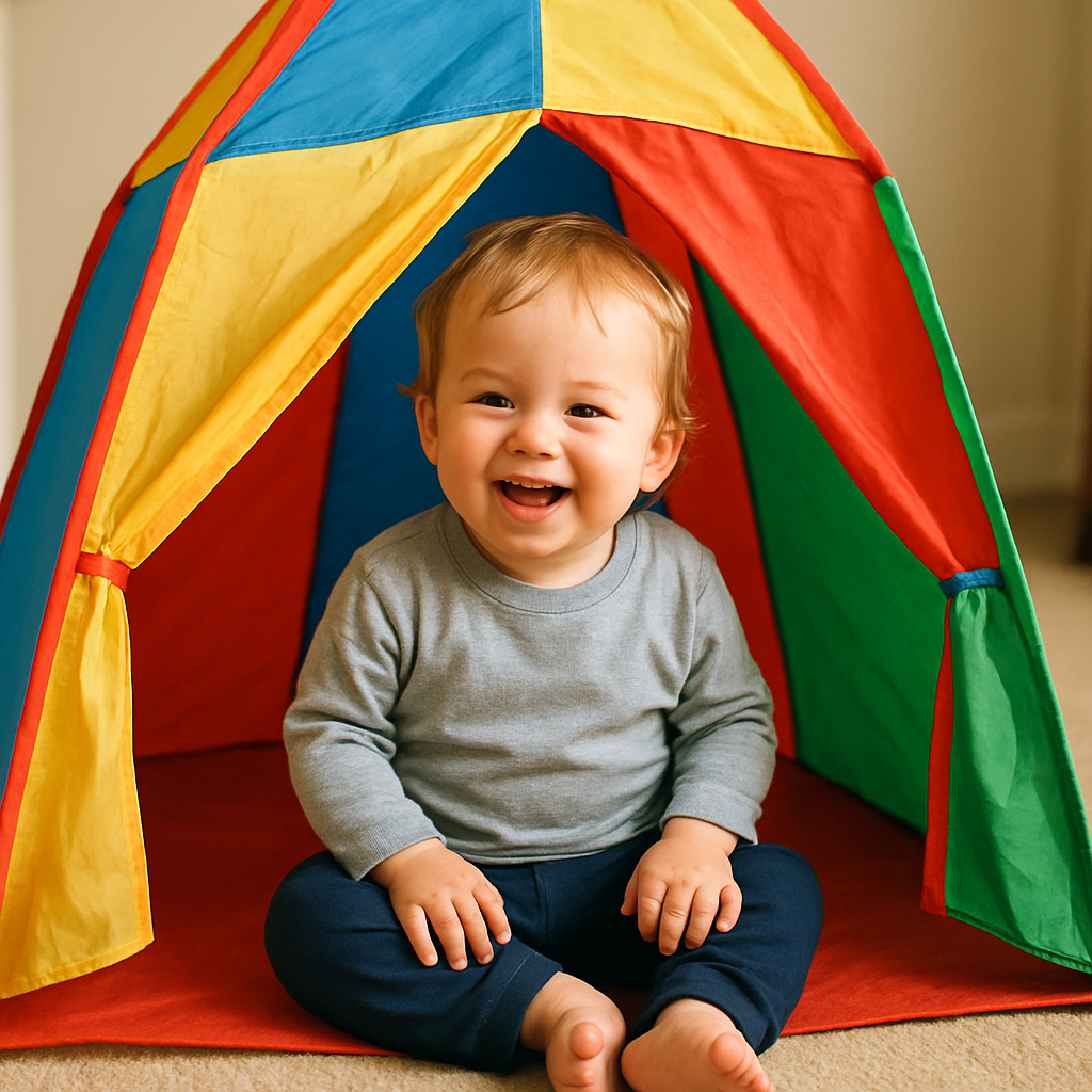 Toddler enjoying a colorful play tent