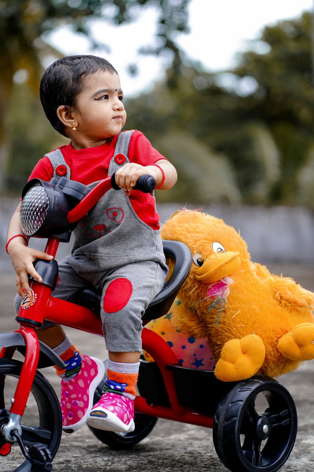 Toddler enjoying a ride on a small tricycle