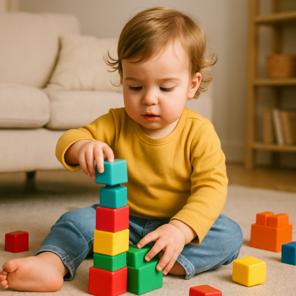 A toddler playing with colorful building blocks